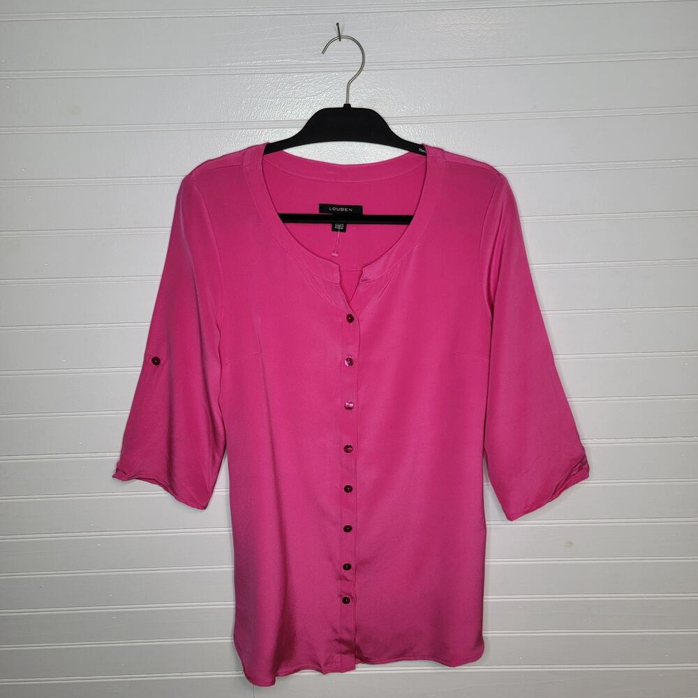 Louben Silk Roll Tab Button Up Blouse Size‎ Medium Wide Sleeve Pink Tie Back Top